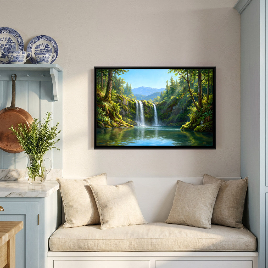 Waterfall into a Mountain Lake - canvas art shown in a second room setting