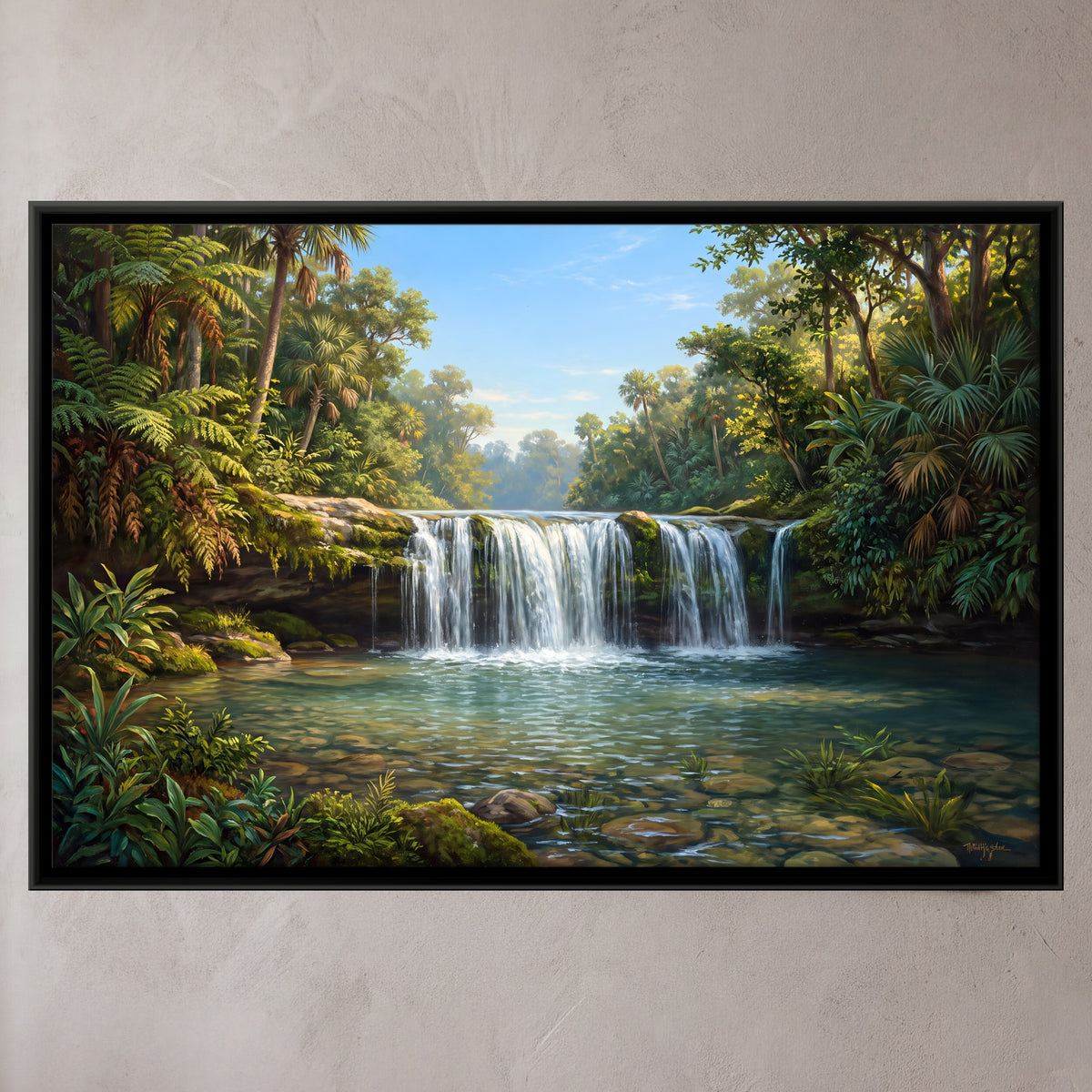 Jungle Waterfall and Clear Rock Pool - framed canvas art hung on a wall