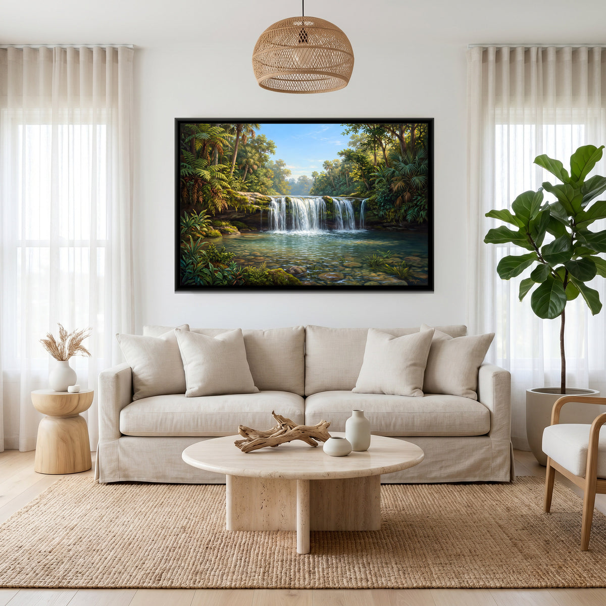 Jungle Waterfall and Clear Rock Pool - canvas art shown in a styled room