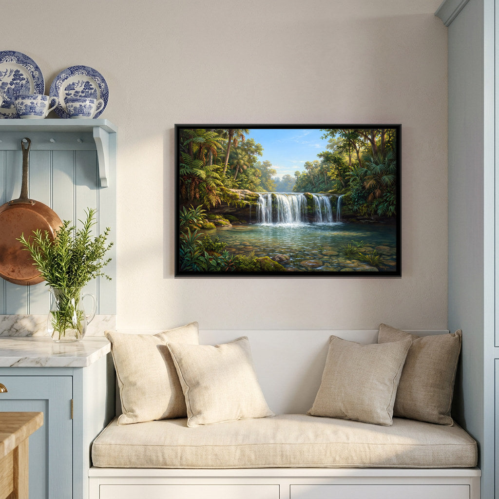Jungle Waterfall and Clear Rock Pool - canvas art shown in a second room setting
