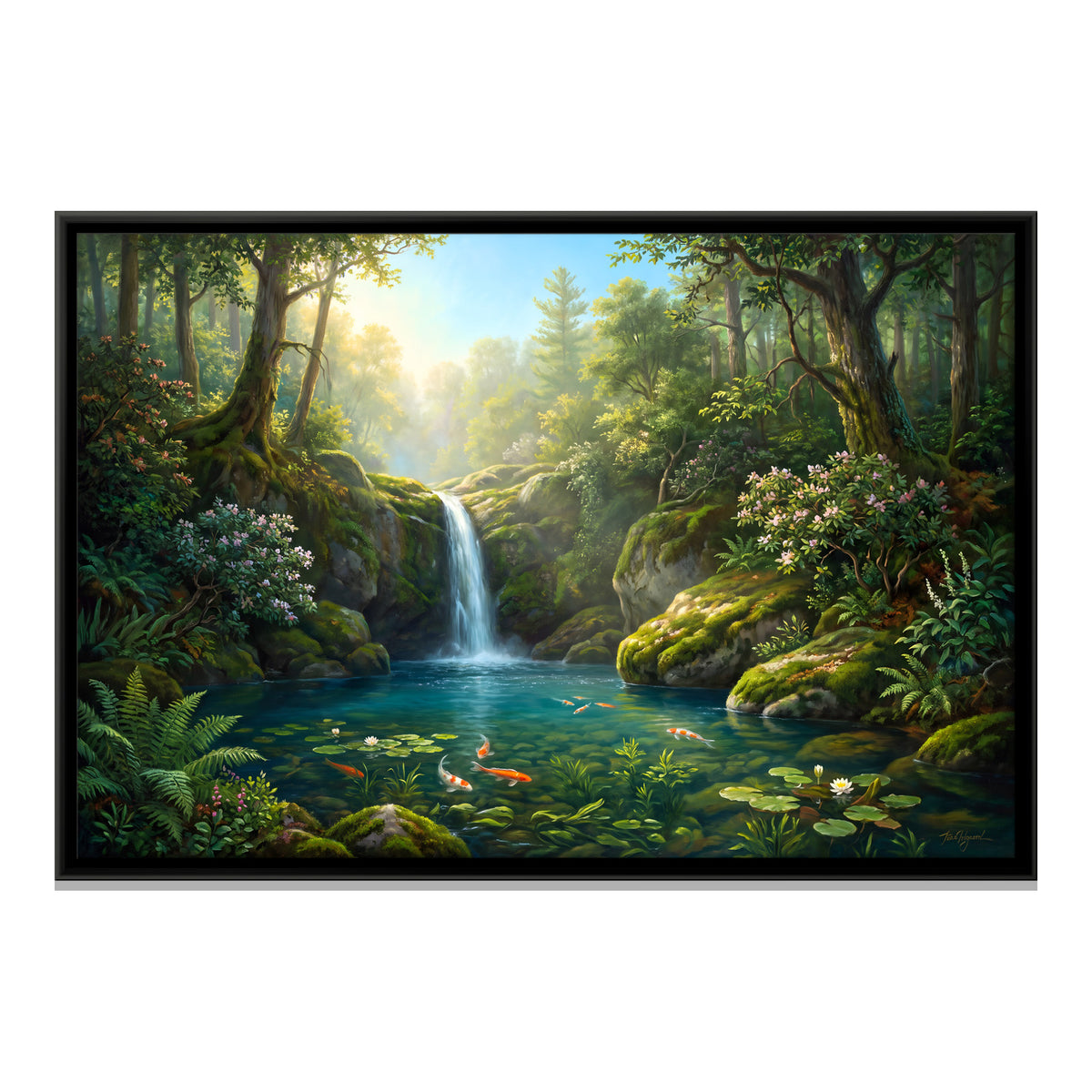 Waterfall and Koi Pond - framed canvas print, front view