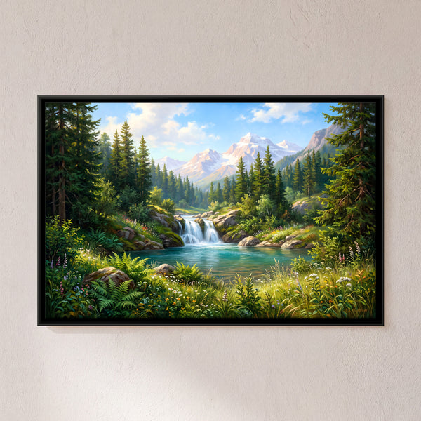 Waterfall Below Snow-Capped Peaks
