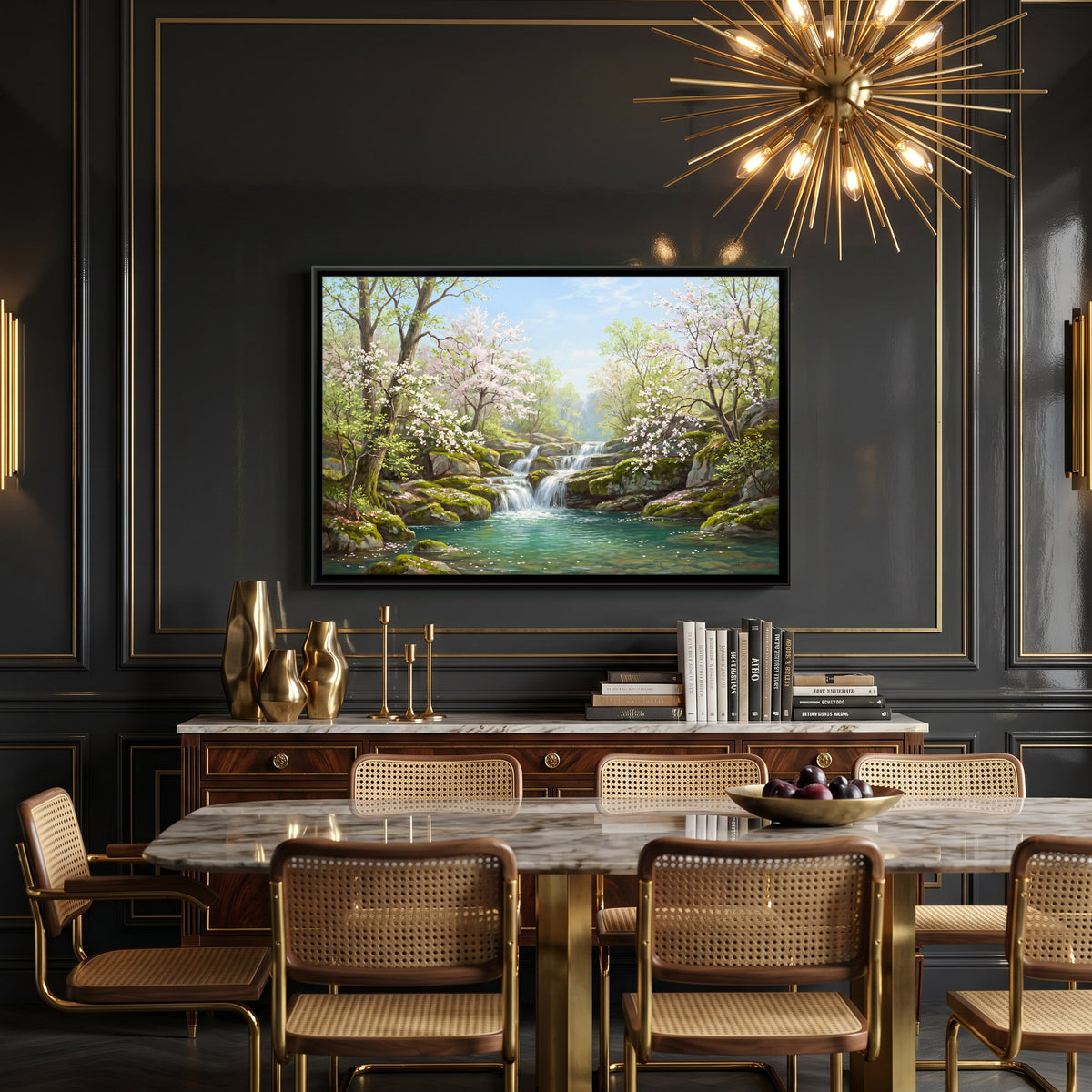 Waterfall Among Blossoming Trees - canvas art shown in a styled room