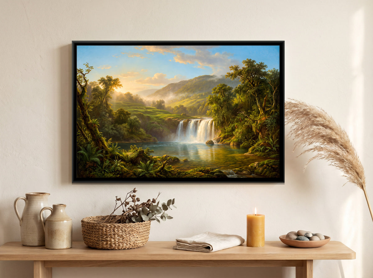 Waterfall in a Sunlit Valley - canvas art shown in a styled room