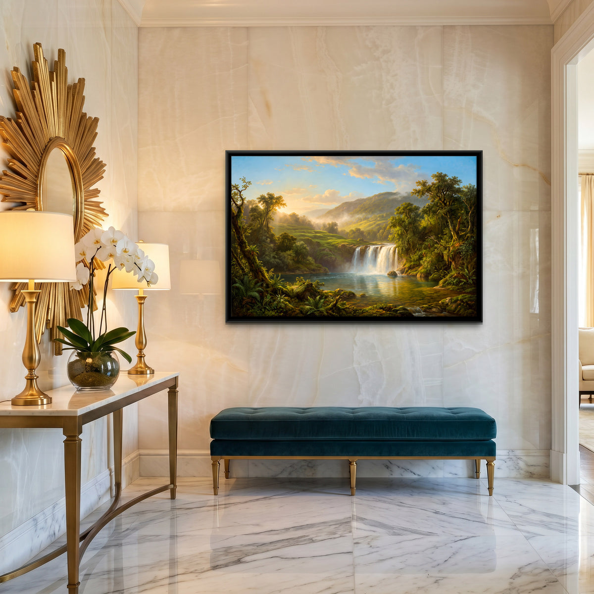 Waterfall in a Sunlit Valley - canvas art shown in a second room setting