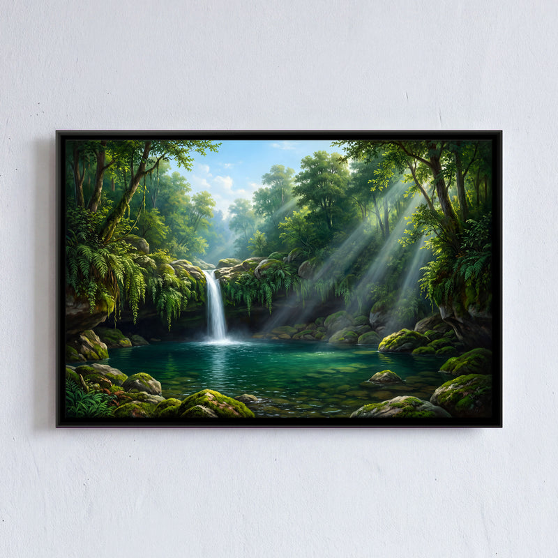 Sunbeams Over a Forest Waterfall - framed canvas art hung on a wall