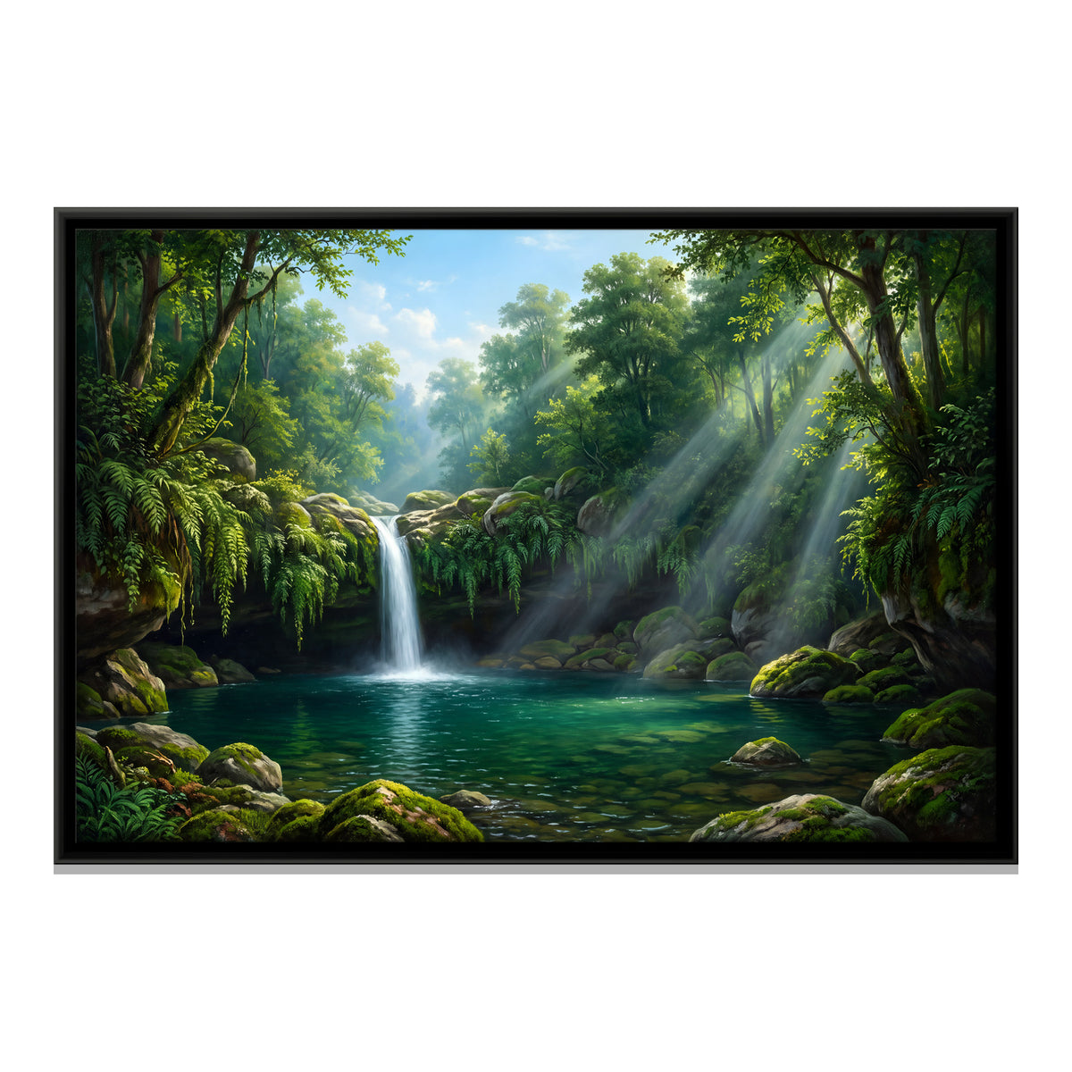 Sunbeams Over a Forest Waterfall - framed canvas print, front view