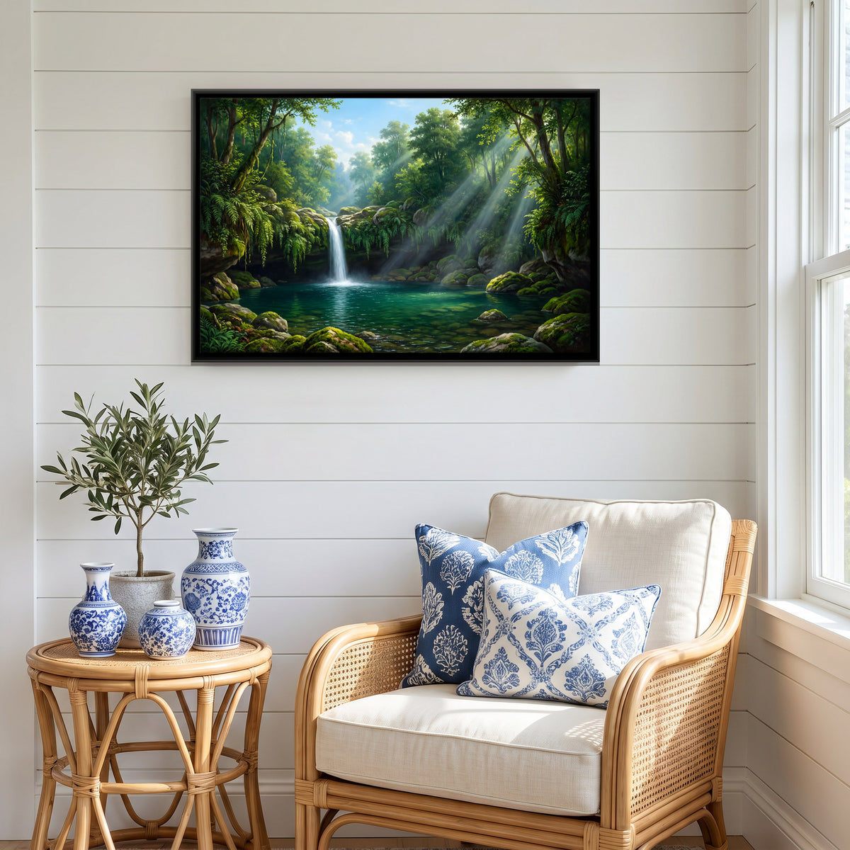 Sunbeams Over a Forest Waterfall - canvas art shown in a styled room