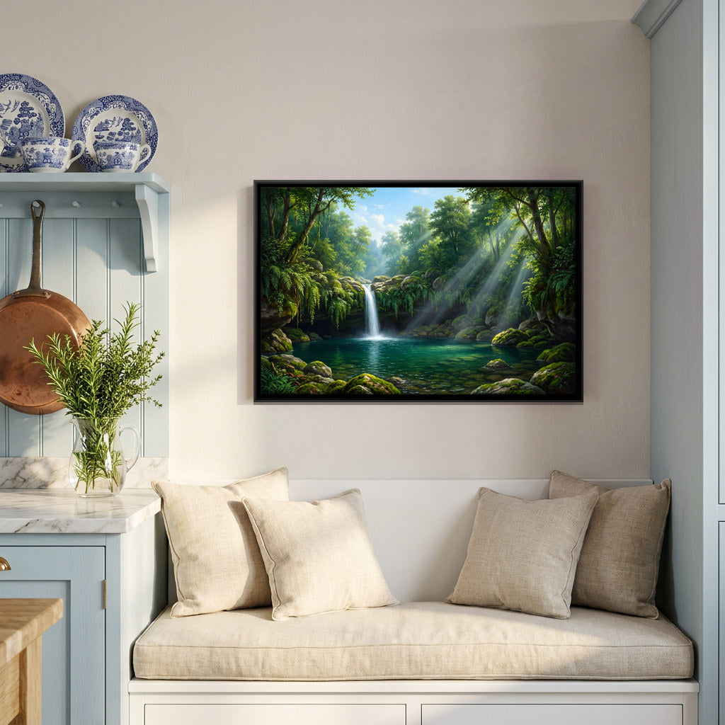 Sunbeams Over a Forest Waterfall - canvas art shown in a second room setting