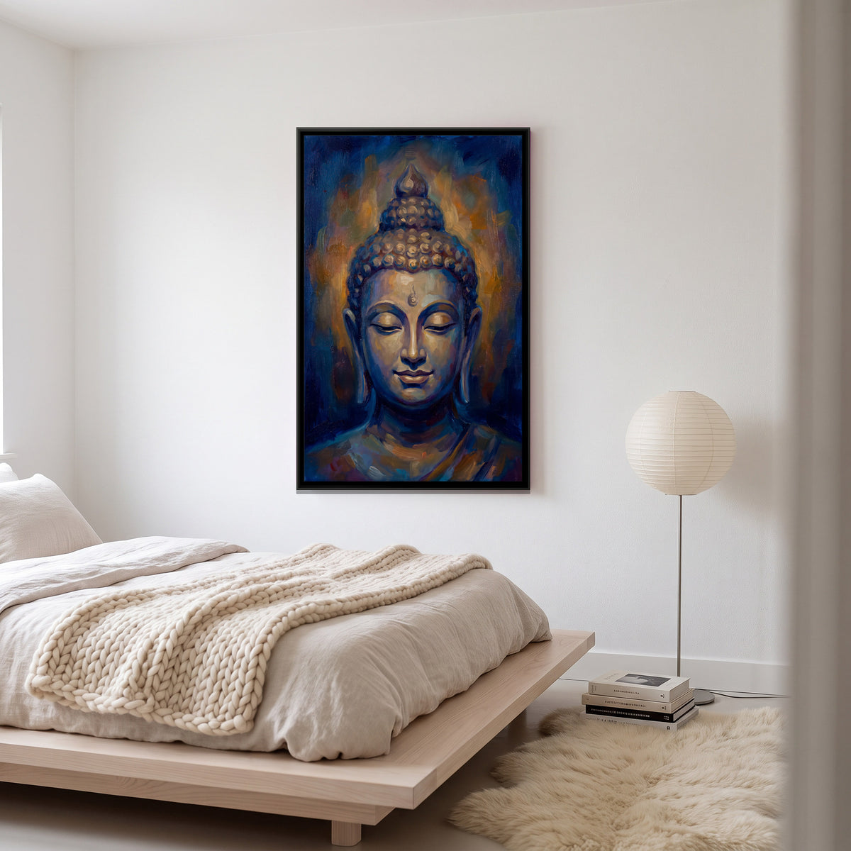Meditating Buddha - canvas art shown in a styled room