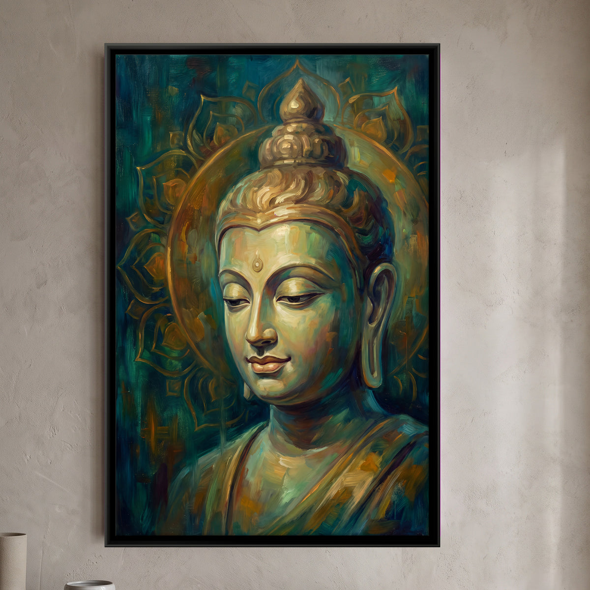 Buddha with a Golden Halo - framed canvas art hung on a wall