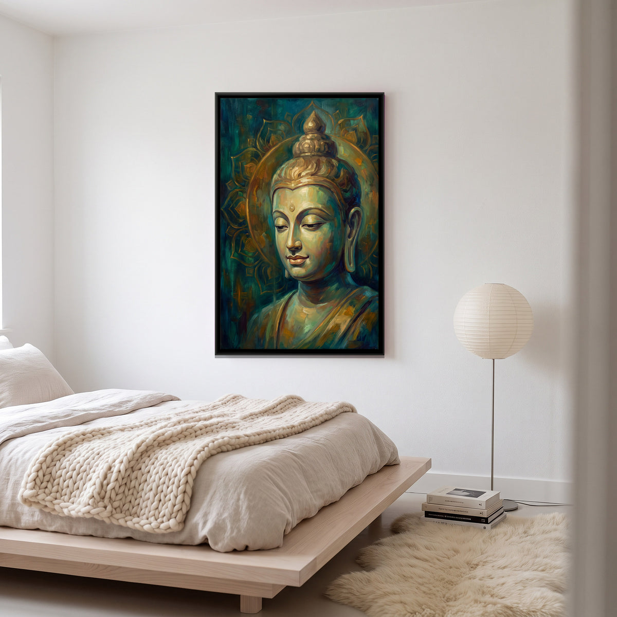 Buddha with a Golden Halo - canvas art shown in a styled room