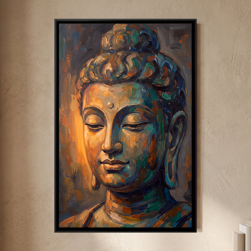 Meditating Buddha - framed canvas art hung on a wall
