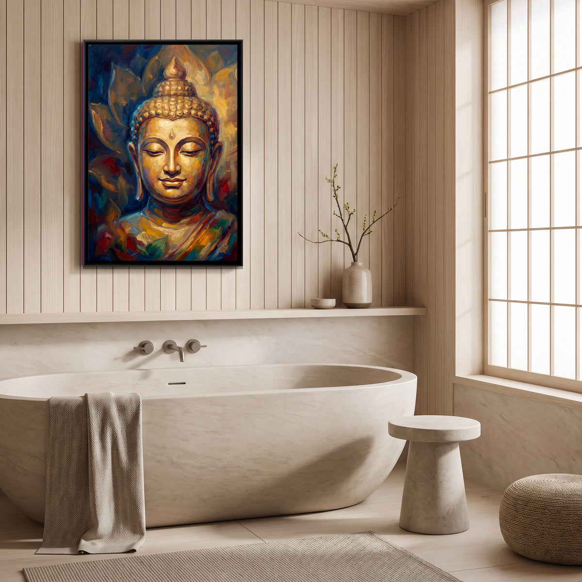 Buddha with Lotus Petals - canvas art shown in a second room setting