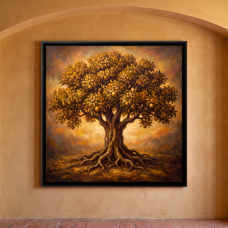 Golden Tree of Life - framed canvas art hung on a wall