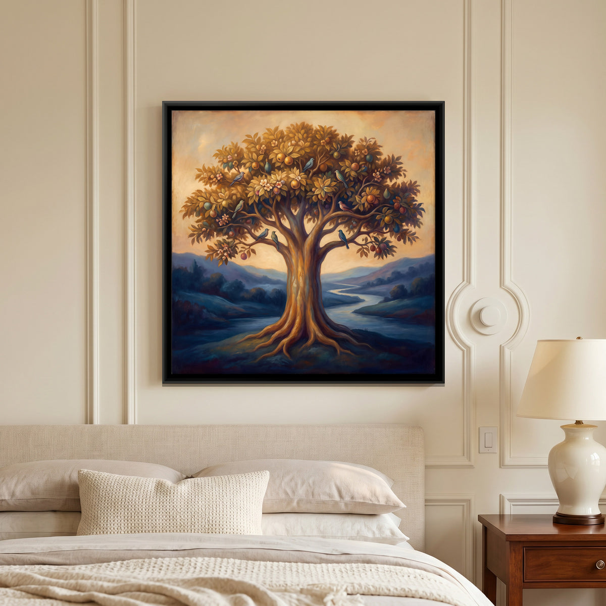 Tree of Life with Birds - canvas art shown in a styled room