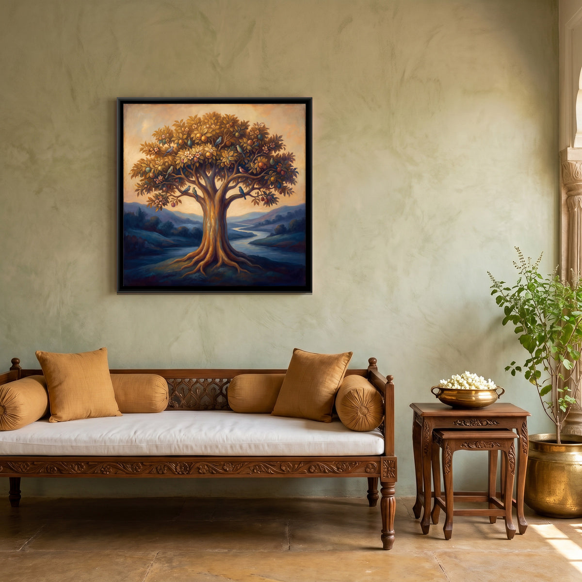 Tree of Life with Birds - canvas art shown in a second room setting
