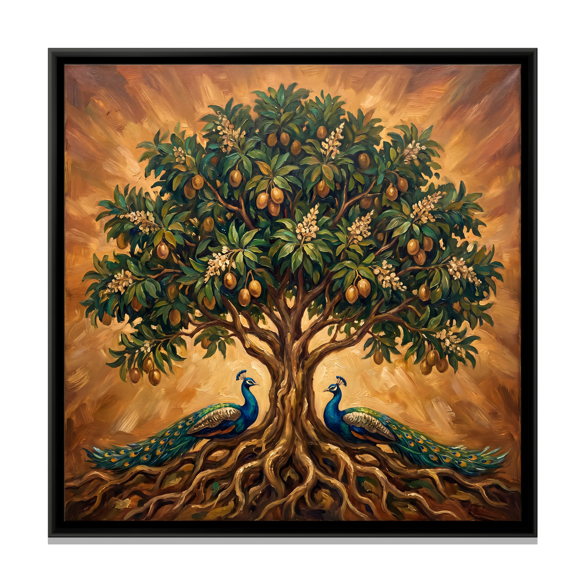 Tree of Life with Peacocks - framed canvas print, front view