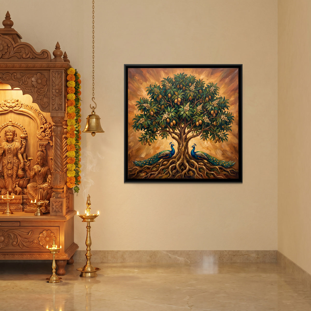 Tree of Life with Peacocks - canvas art shown in a styled room