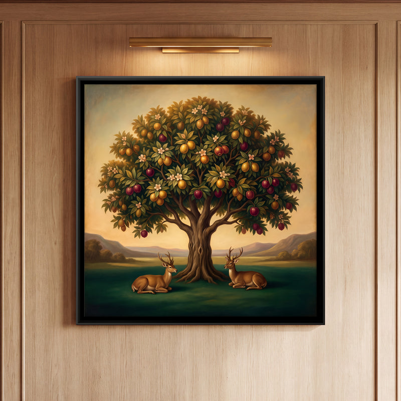 Tree of Life with Deer - framed canvas art hung on a wall