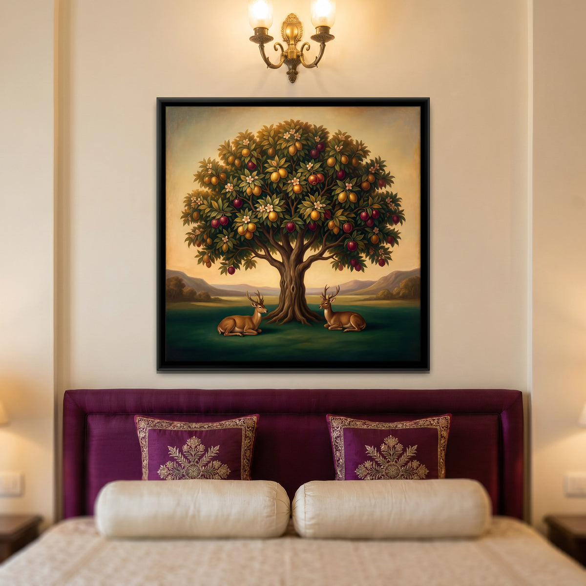 Tree of Life with Deer - canvas art shown in a second room setting
