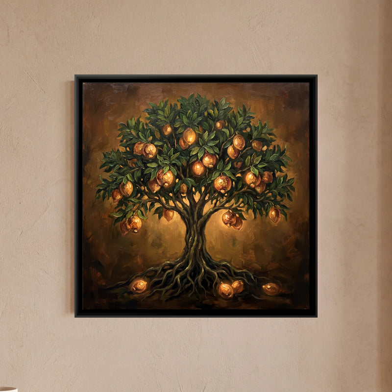 Pomegranate Tree of Life - framed canvas art hung on a wall