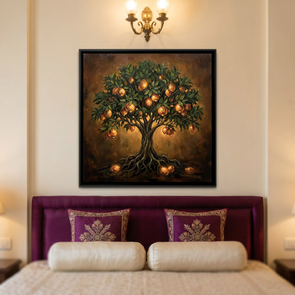 Pomegranate Tree of Life - canvas art shown in a styled room