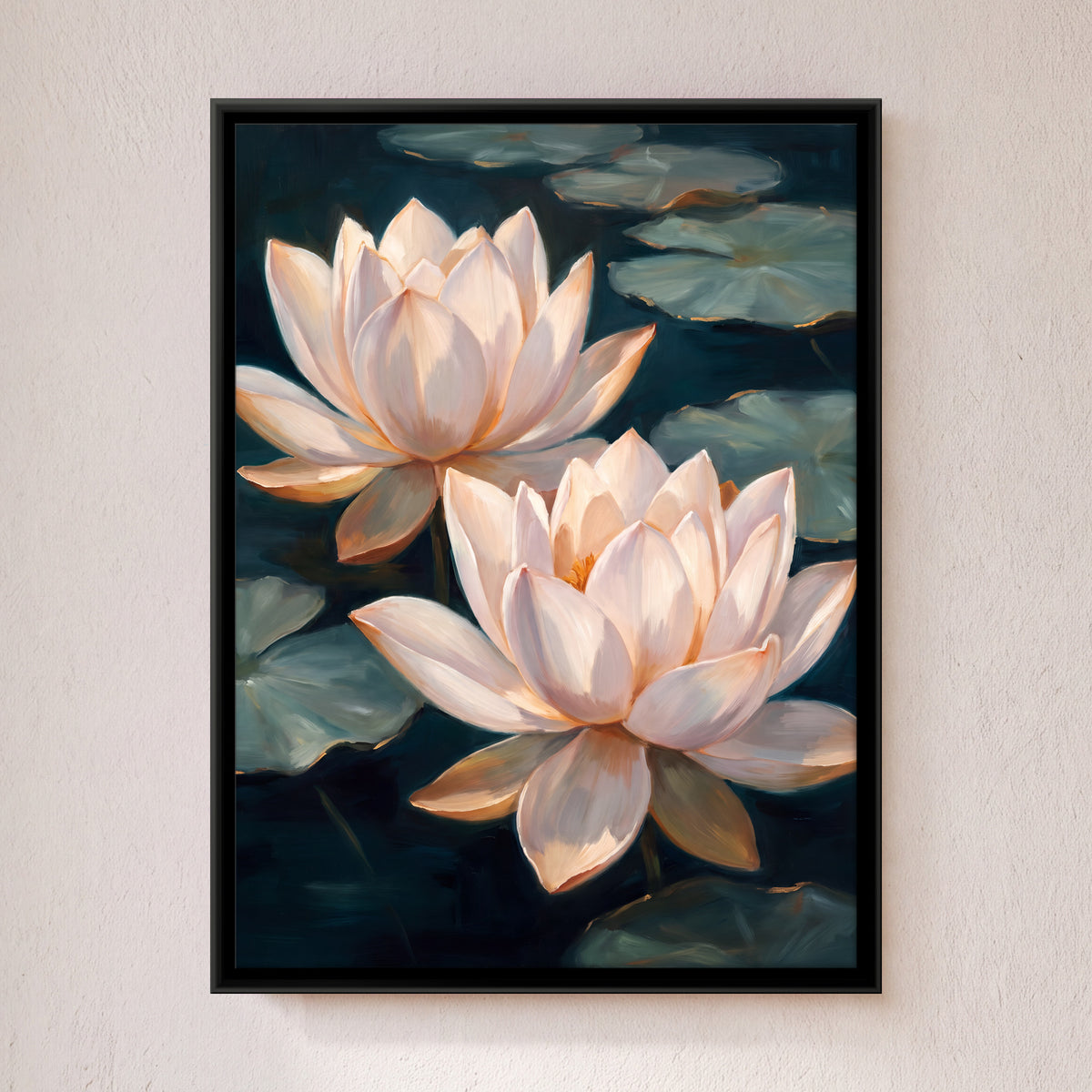 Two Cream Lotus Blooms - framed canvas art hung on a wall