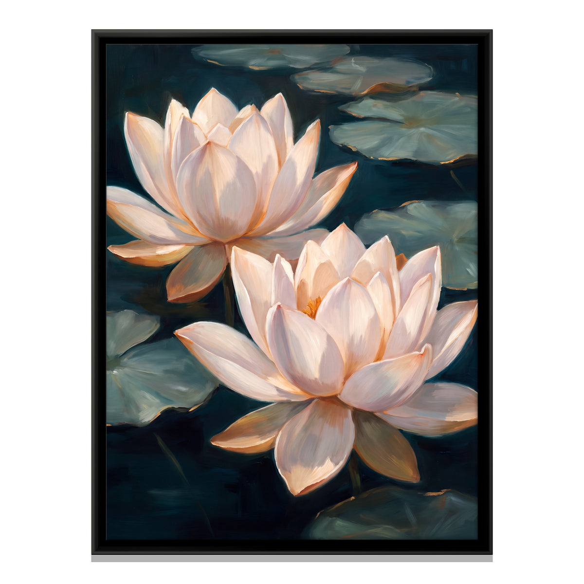 Two Cream Lotus Blooms - framed canvas print, front view