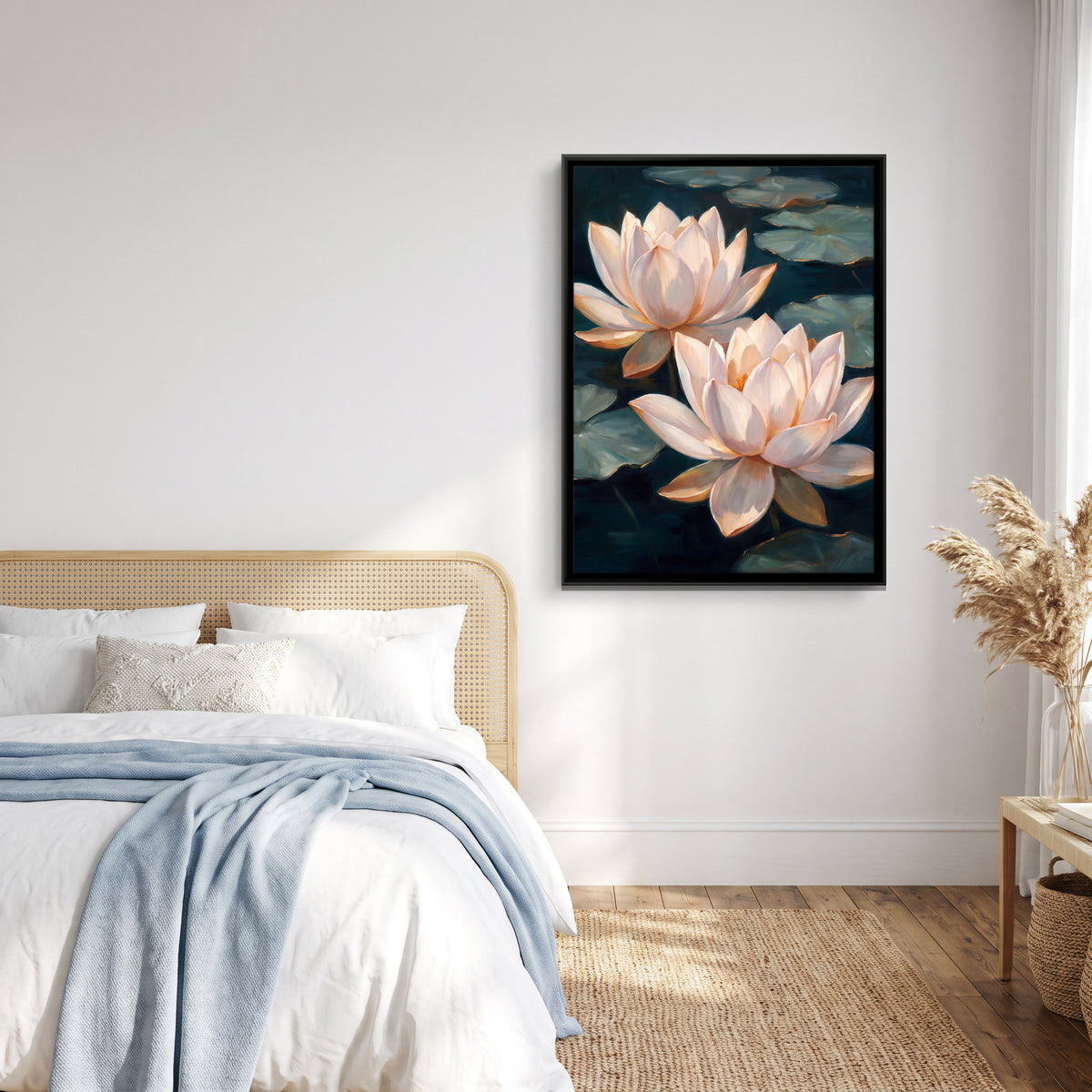 Two Cream Lotus Blooms - canvas art shown in a styled room