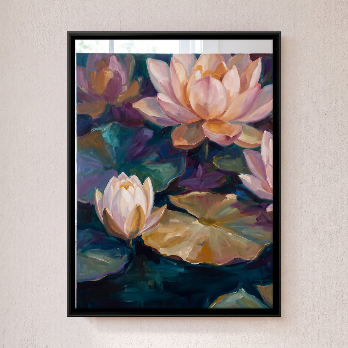 Pale Lotus Blooms on a Pond - framed canvas art hung on a wall