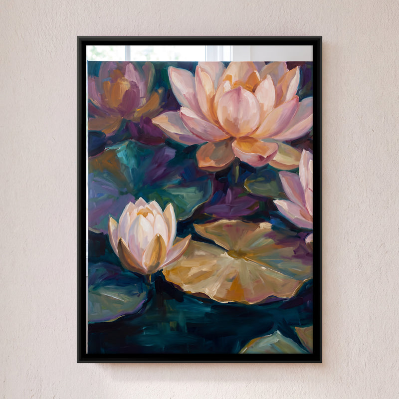 Pale Lotus Blooms on a Pond - framed canvas art hung on a wall