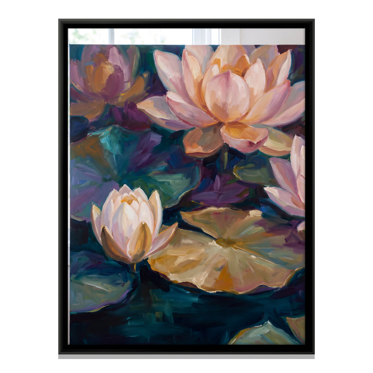 Pale Lotus Blooms on a Pond - framed canvas print, front view