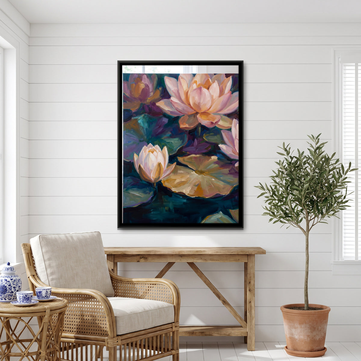 Pale Lotus Blooms on a Pond - canvas art shown in a styled room