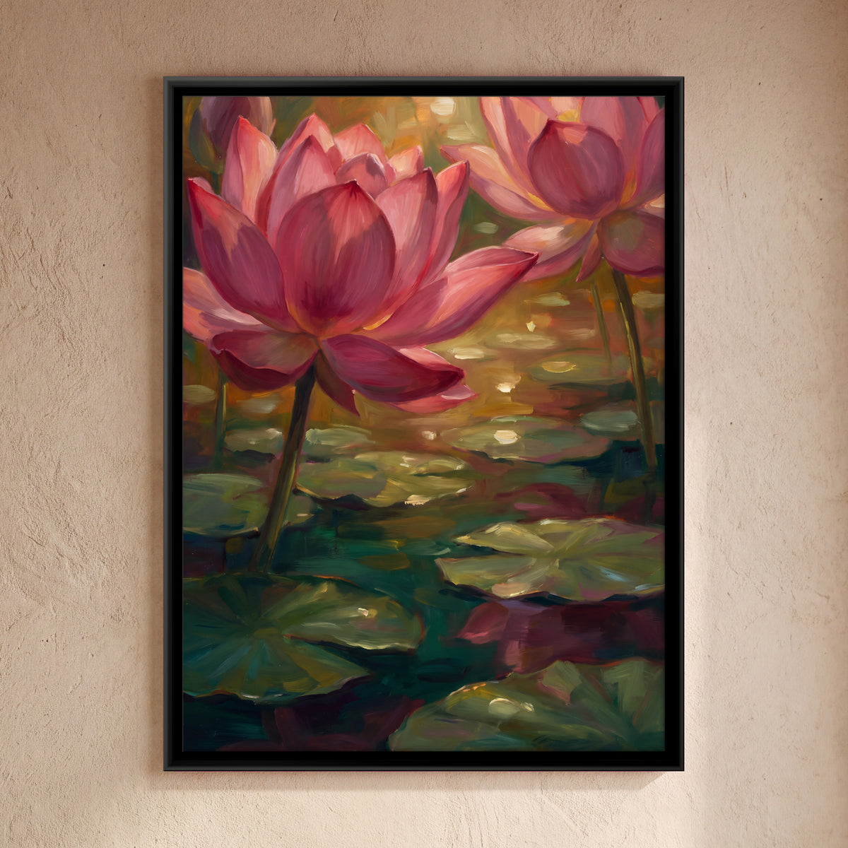 Two Pink Lotus Blooms - framed canvas art hung on a wall