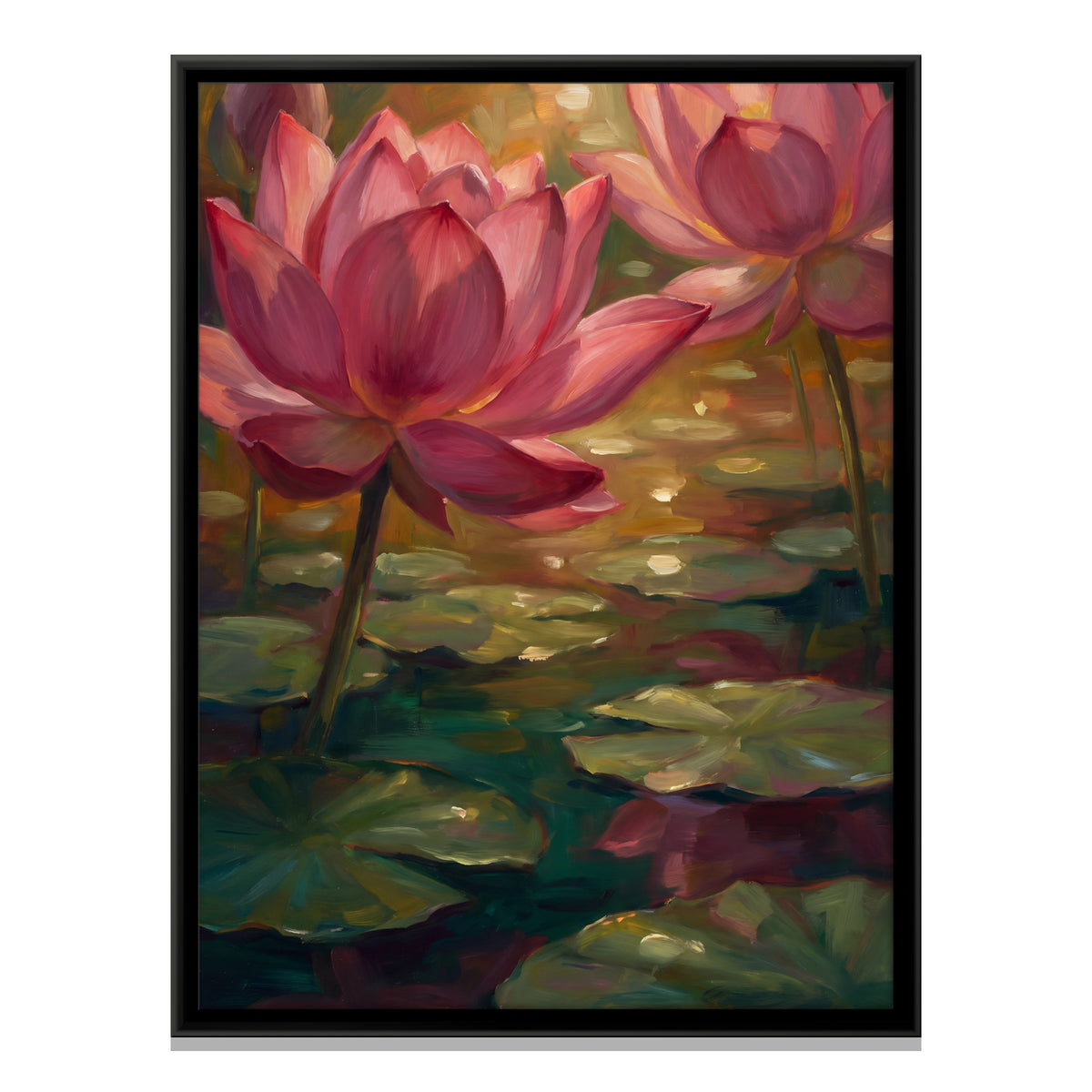 Two Pink Lotus Blooms - framed canvas print, front view