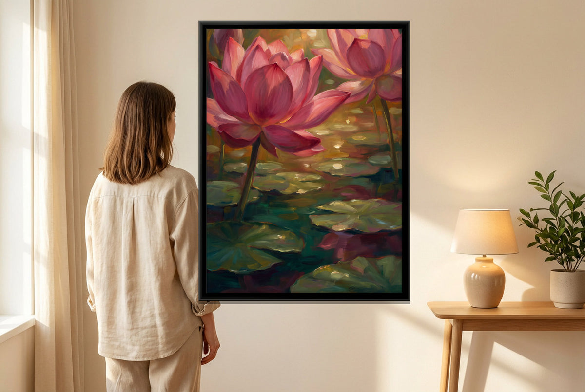 Two Pink Lotus Blooms - canvas art shown in a second room setting