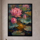 Pink Lotus with Buds on a Pond