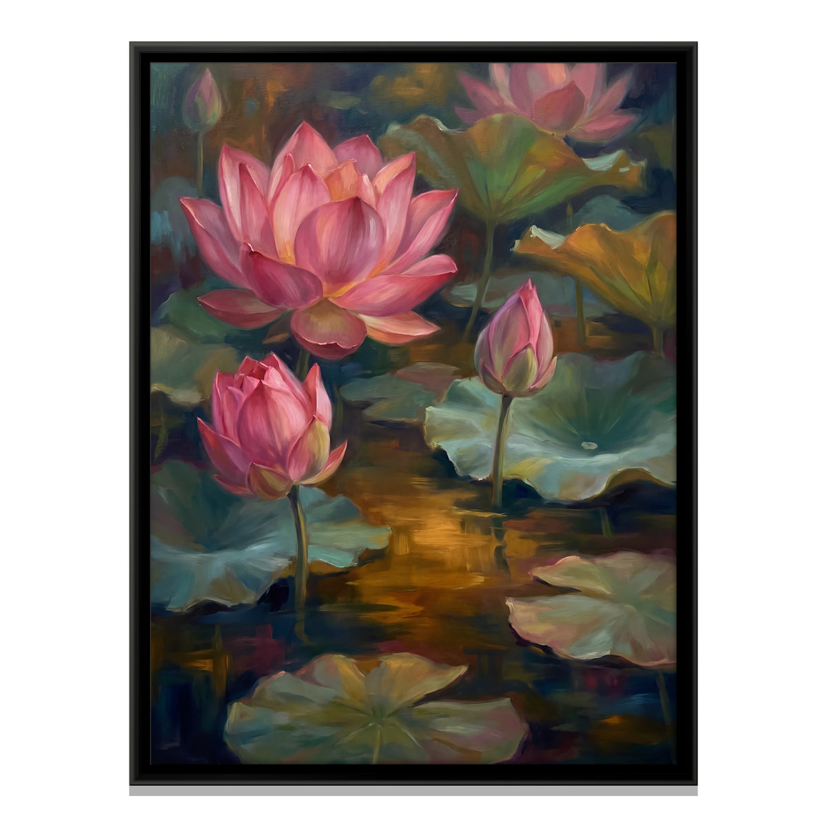 Pink Lotus with Buds - framed canvas print, front view