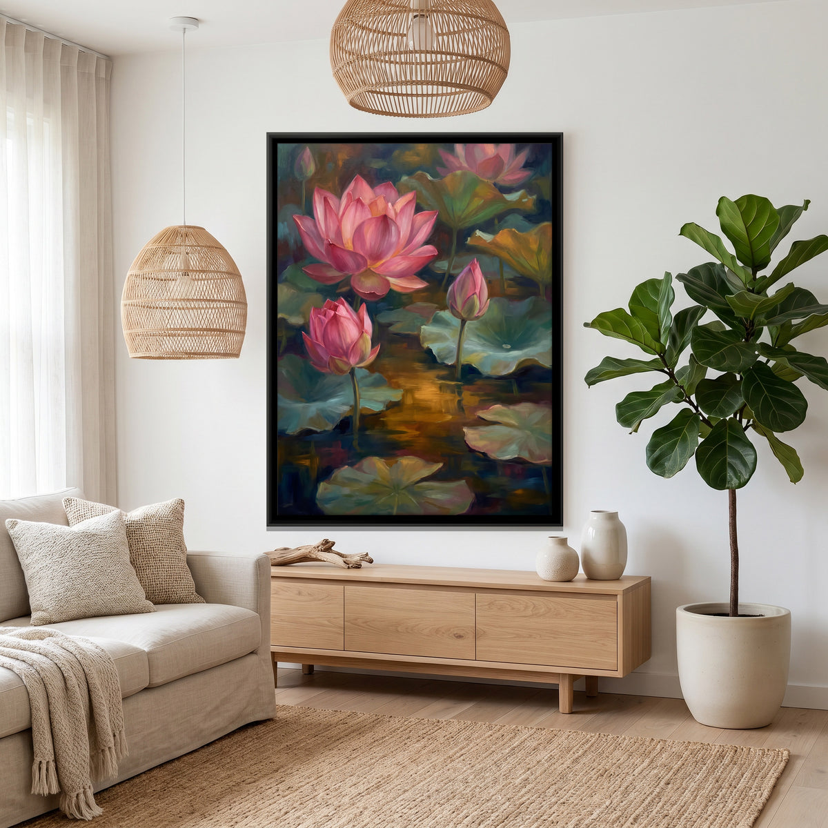 Pink Lotus with Buds - canvas art shown in a second room setting