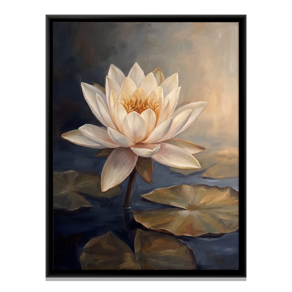 White Lotus on a Dark Pond - framed canvas print, front view