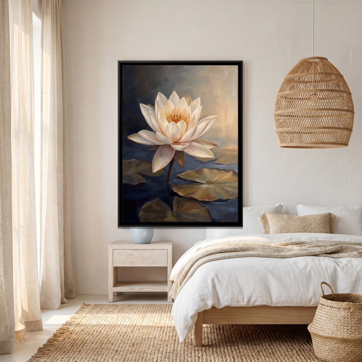 White Lotus on a Dark Pond - canvas art shown in a styled room
