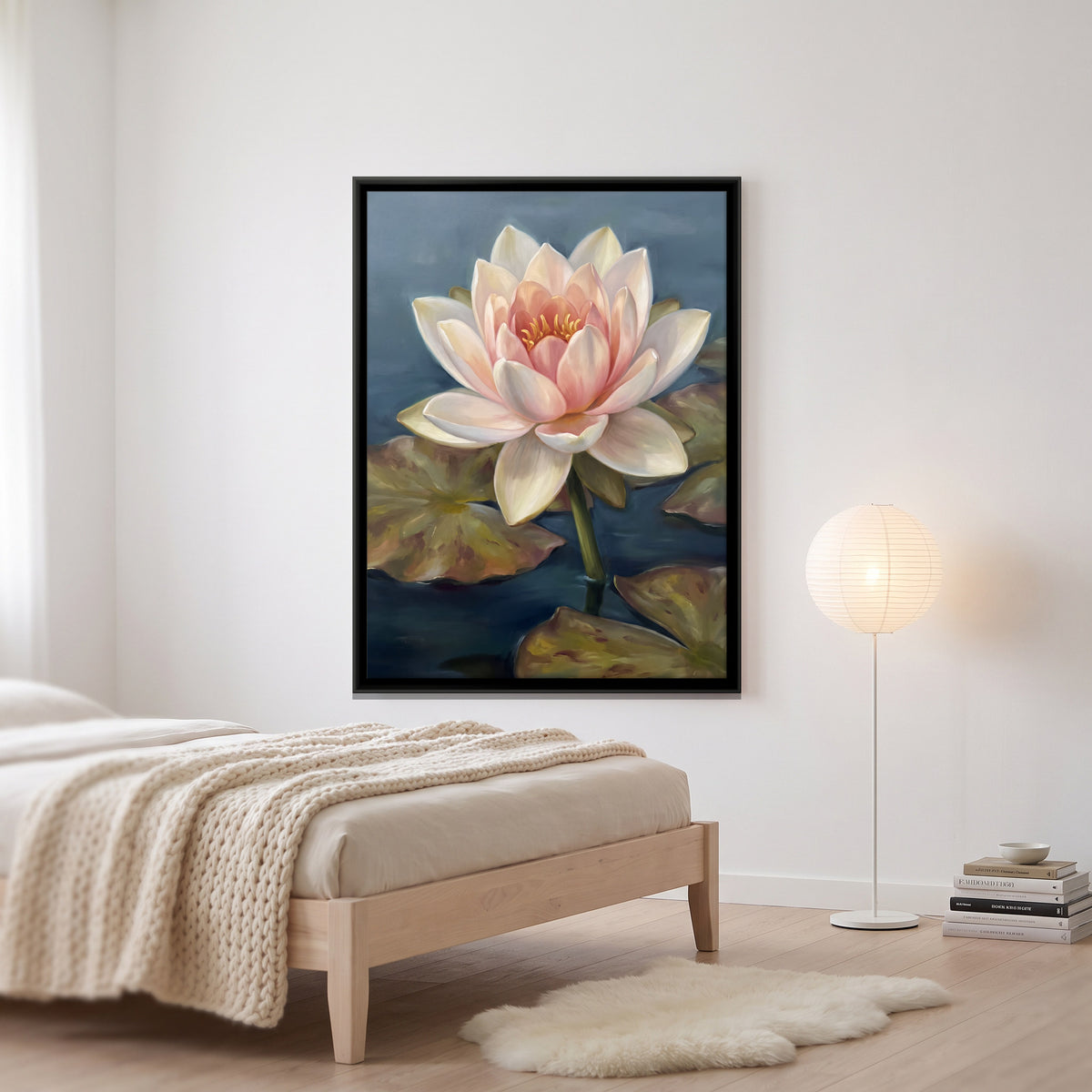 Blush Lotus on Still Water - canvas art shown in a styled room
