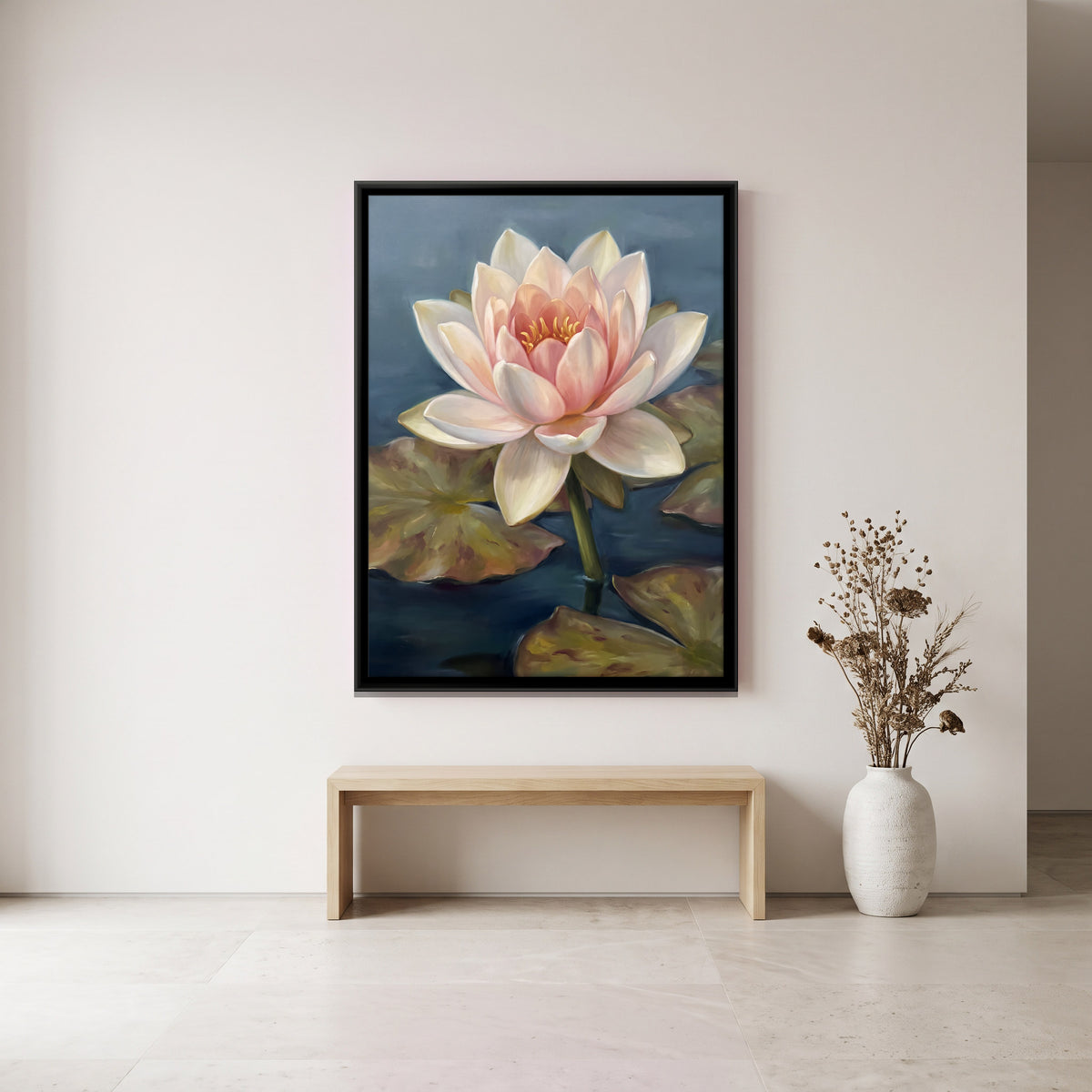 Blush Lotus on Still Water - canvas art shown in a second room setting