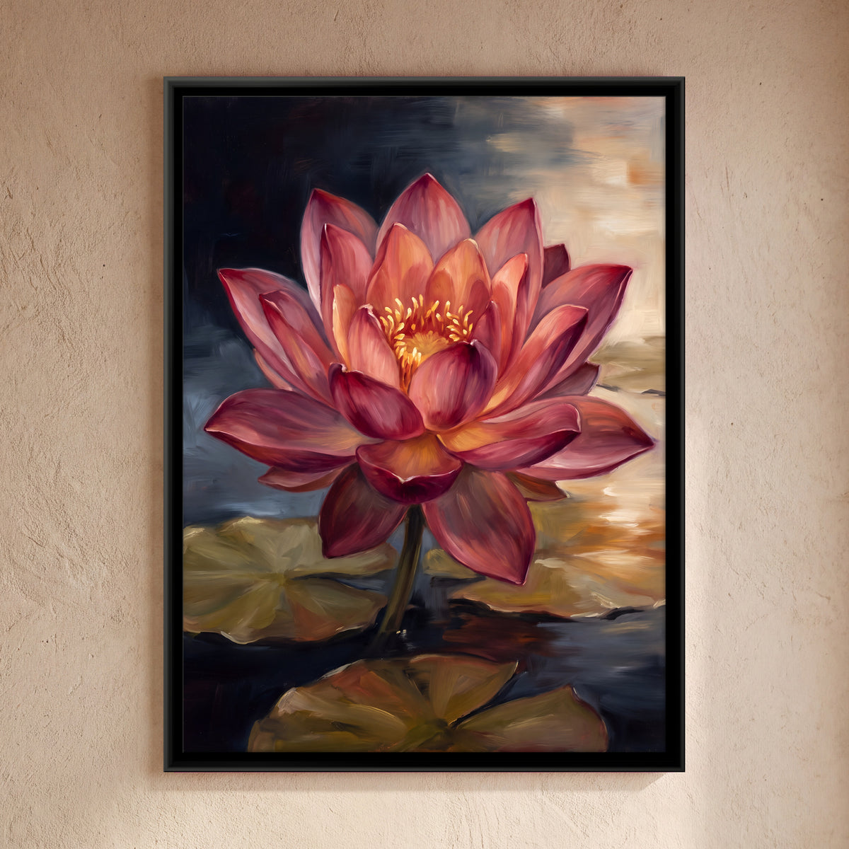 Crimson Lotus on a Dark Pond - framed canvas art hung on a wall