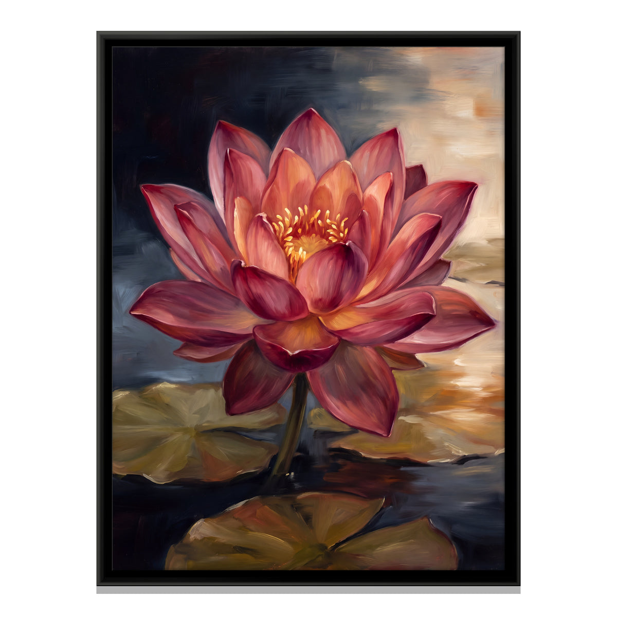 Crimson Lotus on a Dark Pond - framed canvas print, front view