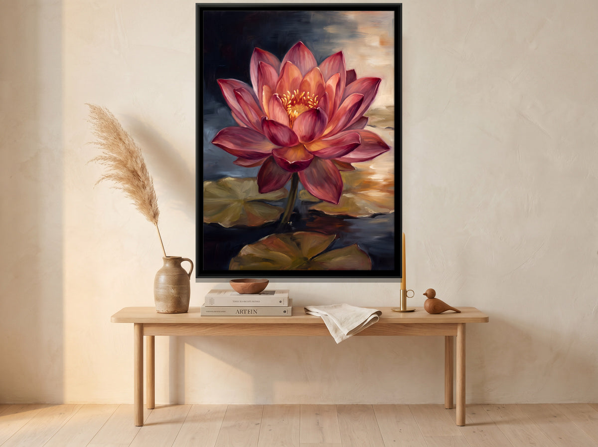 Crimson Lotus on a Dark Pond - canvas art shown in a second room setting