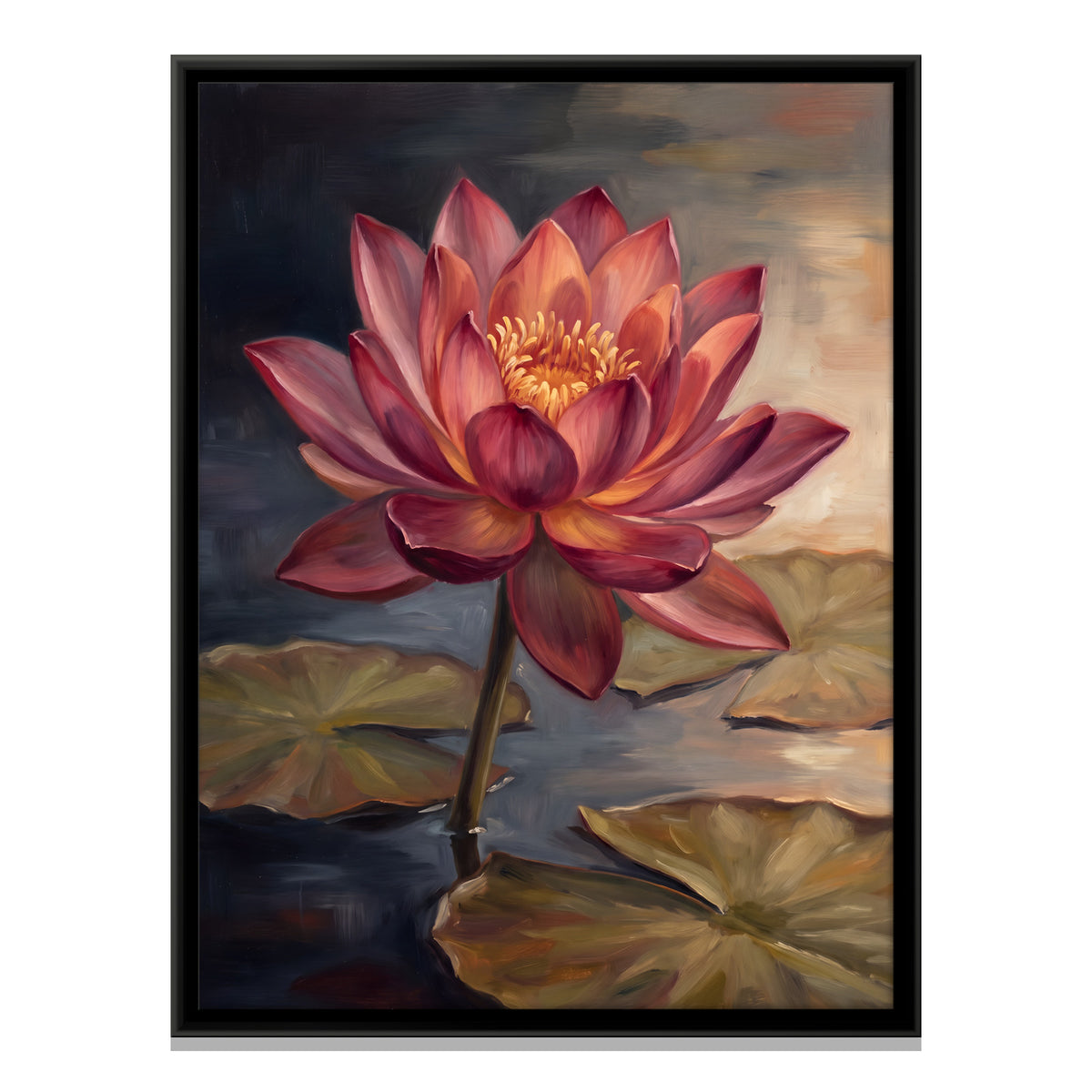 Red Lotus Above Lily Pads - framed canvas print, front view