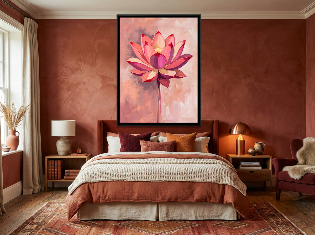 Pink Lotus on Blush Background - canvas art shown in a styled room