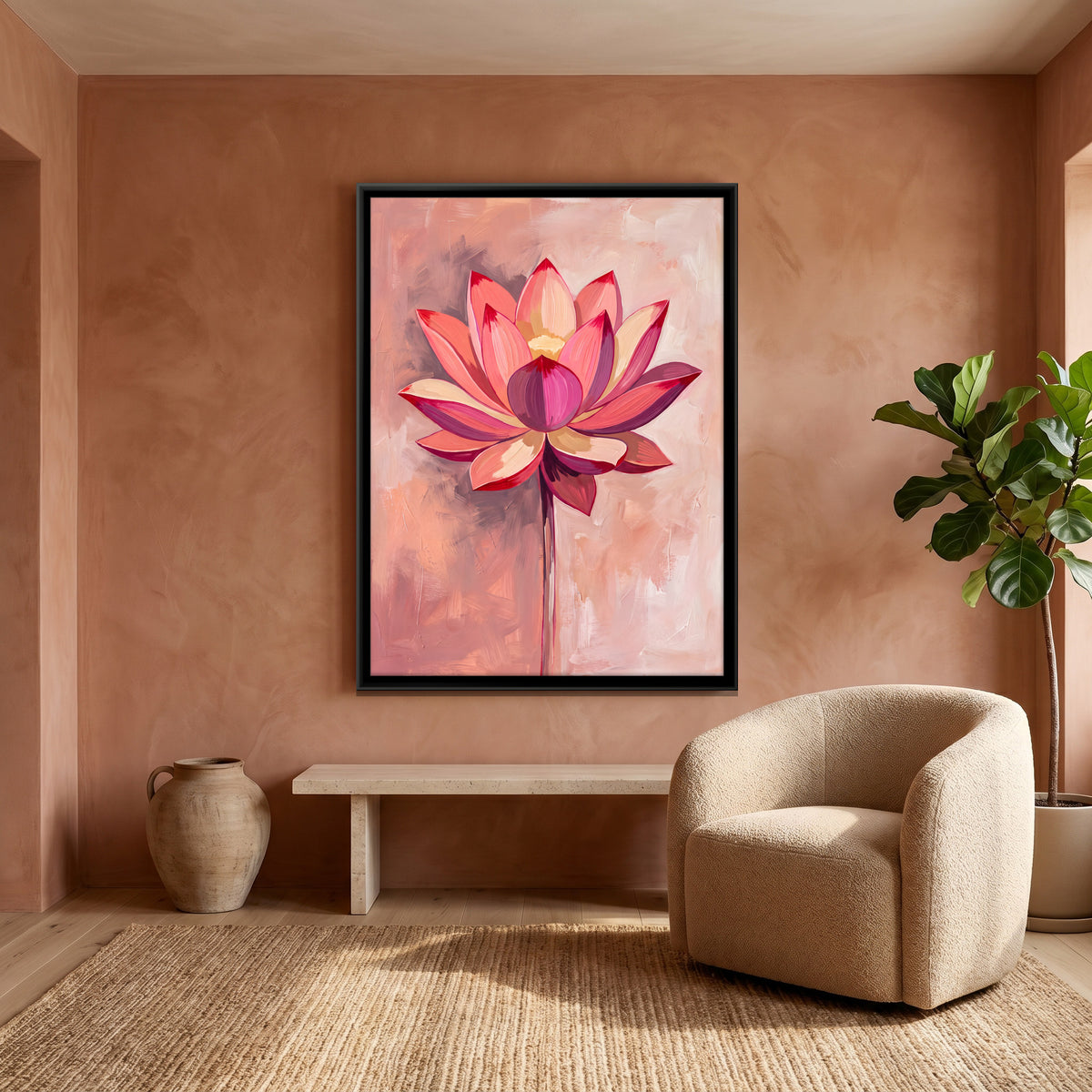 Pink Lotus on Blush Background - canvas art shown in a second room setting